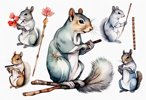 a sad grey squirrel dressed in a tunic holding a large shimmering stick tattoo idea