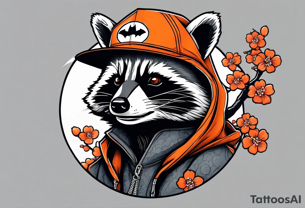 raccoon wearing a black and white Superman hoodie and orange Japanese cherry blossoms tattoo idea