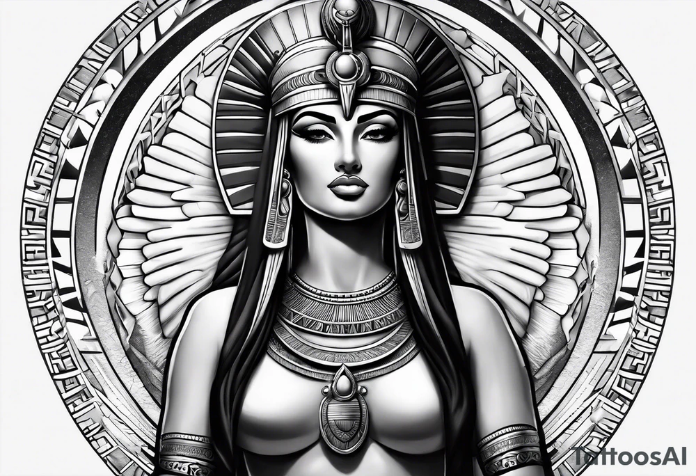 black and gray photo realistic goddess isis with minimal detail tattoo idea