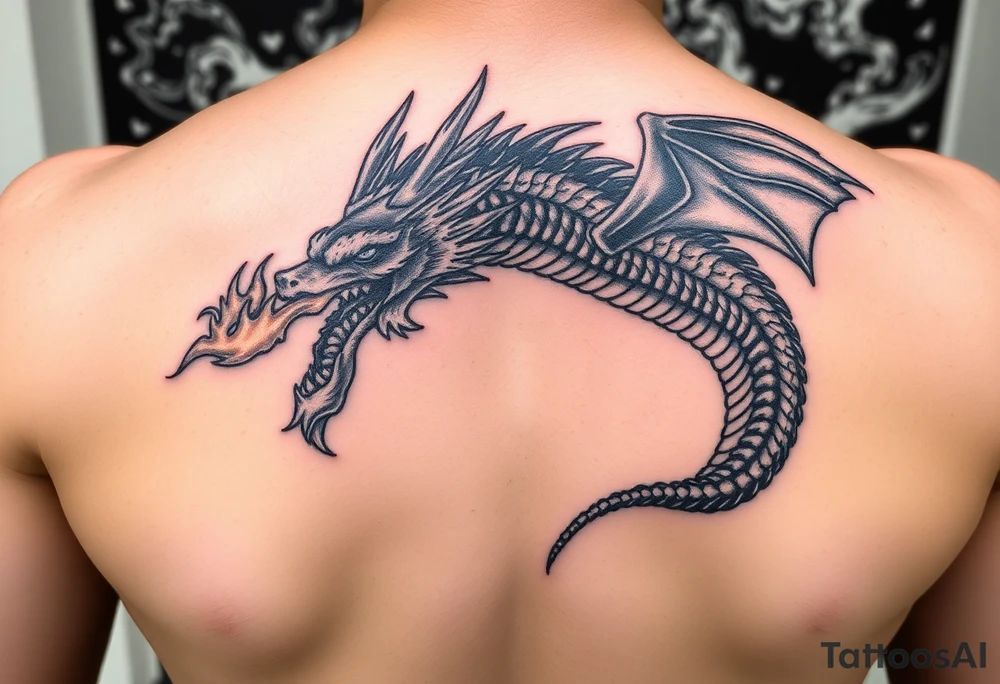 fierce dragon breathing iridescent fire against stormy skies tattoo idea