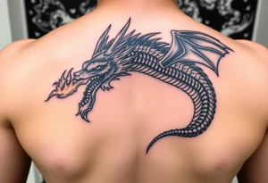 fierce dragon breathing iridescent fire against stormy skies tattoo idea