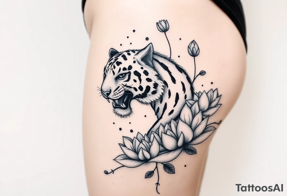 fierce tiger emerging through blooming lotus flowers in mist tattoo idea
