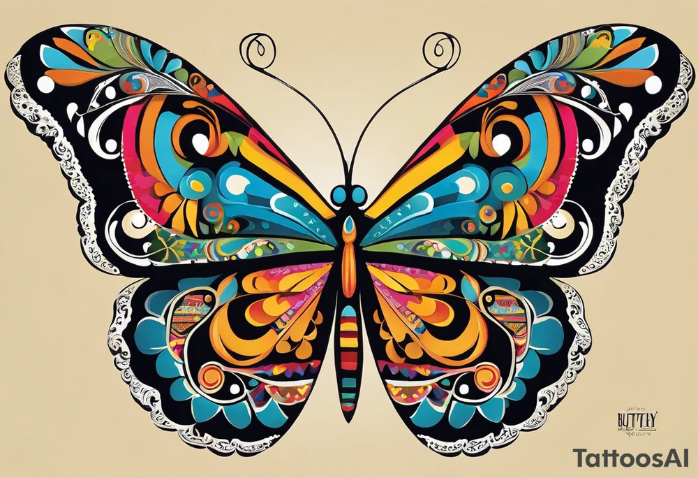 A butterfly with intricate, colorful wings that blend traditional Mexican patterns with natural elements, symbolizing both the essence of your grandparents and the vibrancy of their legacy.

Design Elements:

Butterfly:
The butterfly can be positioned centrally or slightly off-center. Use bold,  often seen in Mexican art,
Incorporate traditional Mexican patterns within the butterfly’s wings, such as geometric shapes, floral motifs, or Aztec designs.
Flowers and Vines:
Surround the butterfly with a mix of Mexican flowers like marigolds (cempasuchil) and roses. Marigolds are often associated with Día de los Muertos and symbolize the connection between the living and the deceased.
Include delicate vines that weave around the flowers and butterfly, adding a sense of continuity and connection. tattoo idea