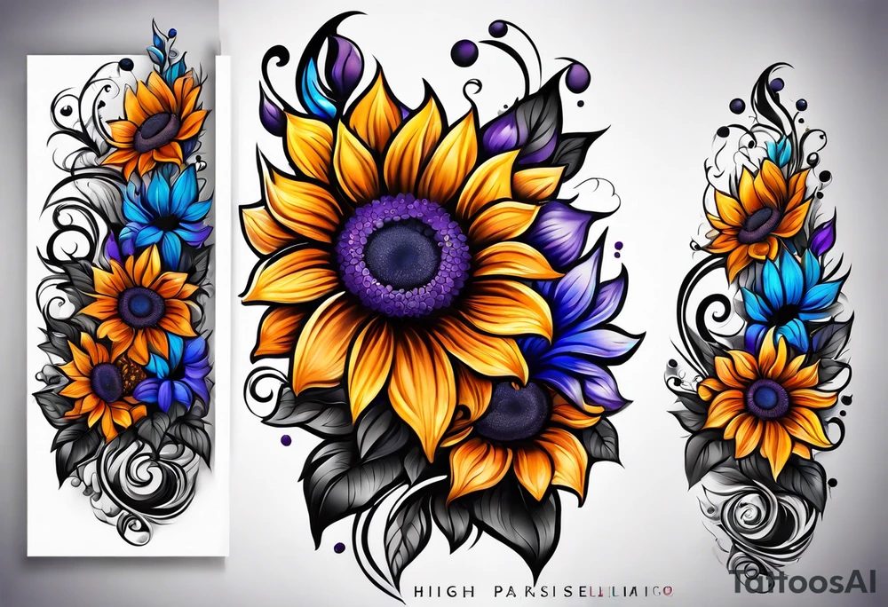 Full leg sleeve with purple, orange and blue sunflowers tattoo idea