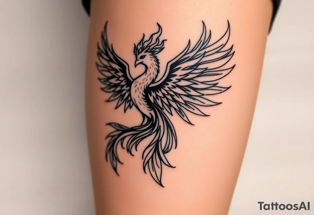 majestic fiery phoenix surrounded by fire. with a crown of fire flapping wings with a flaming tail tattoo idea