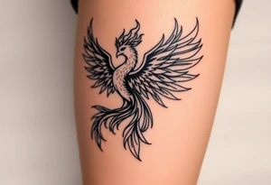 majestic fiery phoenix surrounded by fire. with a crown of fire flapping wings with a flaming tail tattoo idea