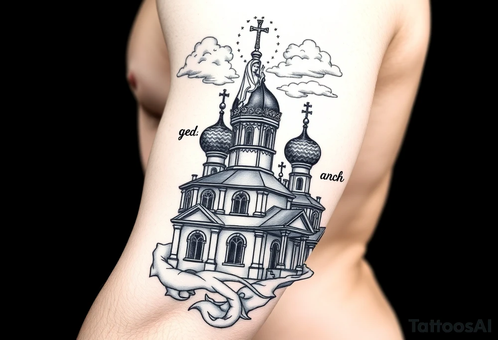 Russian Orthodox church with orthodox spire crosses, with clouds above it and a virgin mary over looking sat above tattoo idea