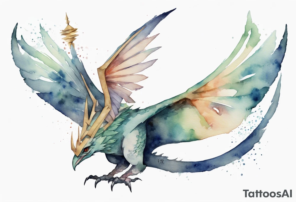 a watercolor of a bird-wyvern hybrid wearing a minimalist crown, flying tattoo idea