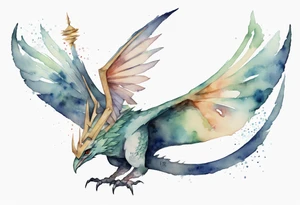 a watercolor of a bird-wyvern hybrid wearing a minimalist crown, flying tattoo idea