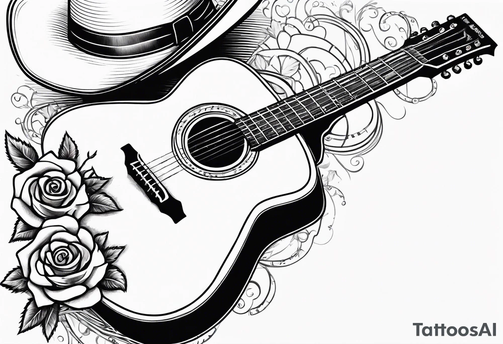 Country acoustic guitar with cowboy hat, barbed wire and roses in background tattoo idea
