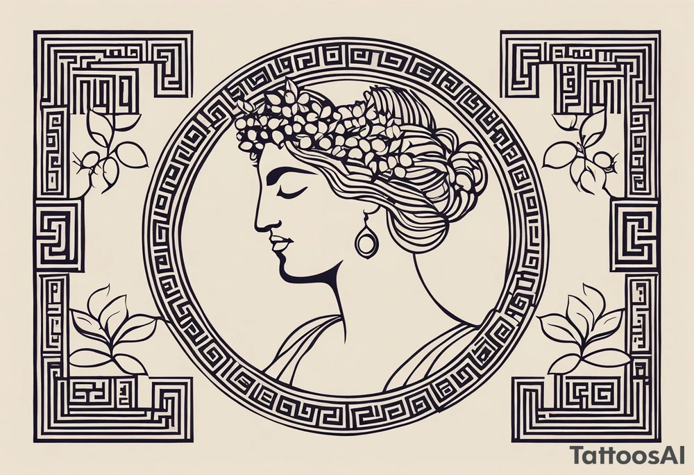 Craft an abstract yet distinctly ancient Greek-inspired tattoo design featuring Dionysus and Clio. Incorporate motifs from classical Greek art such as geometric patterns, meander borders, and stylized representations of the gods. For Dionysus, integrate symbols like grape clusters, ivy leaves, or the thyrsus staff in a dynamic and fluid composition, capturing the essence of his revelry and passion. Similarly, for Clio, infuse elements like scrolls, laurel wreaths, or the lyre into the design, evoking a sense of scholarly enlightenment and artistic inspiration. Ensure the overall aesthetic echoes the elegance and timelessness of ancient Greek art, offering a unique interpretation of these revered deities tattoo idea