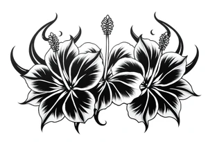 3 Tribal designed Hibiscus flowers with the work “waloy” over them and the letters “svs” within the tribal flowers with each letters on each flowers tattoo idea