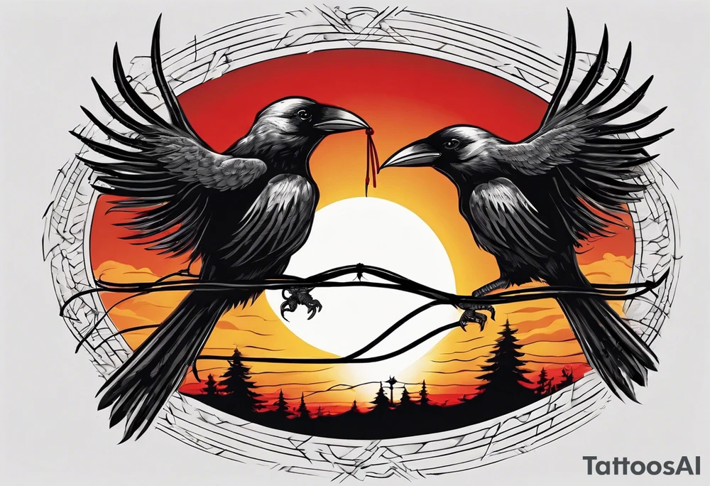 Two black crows flying into the sunset as they carry one long red string between them. tattoo idea Two black crows flying into the sunset as they carry one long red string between them. tattoo idea