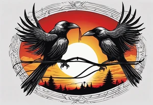 Two black crows flying into the sunset as they carry one long red string between them. tattoo idea