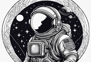 Fine line astronaut with radio dancing in the moonlight tattoo idea