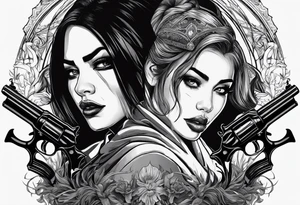 In the reflection of a eye crying blood two black siloets of people holding guns one man dead on the ground with a wounded woman standing behind him tattoo idea