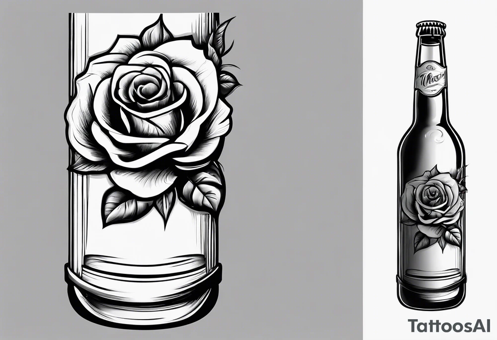 A bottle of beer and a stalk of rose in the bucket tattoo idea