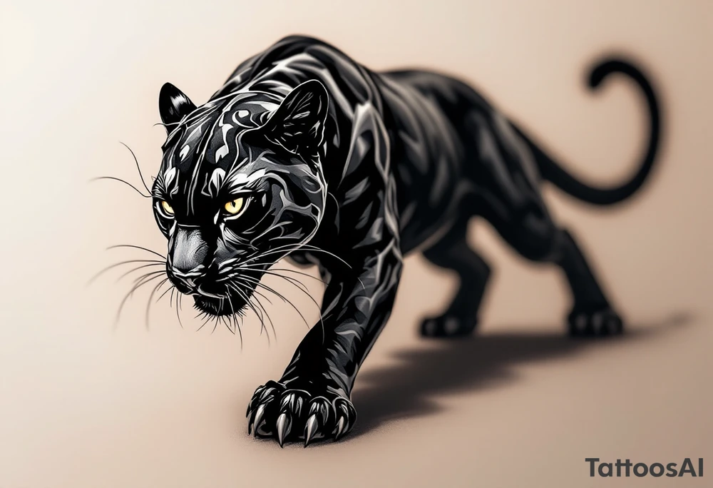 A majestic black panther mid-pounce, with glossy fur in deep obsidian and charcoal highlights, casting a shadow on the skin. tattoo idea