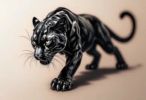 A majestic black panther mid-pounce, with glossy fur in deep obsidian and charcoal highlights, casting a shadow on the skin. tattoo idea