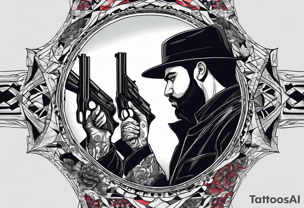 In the reflection of a eye two black siloets of people holding guns one man dead on the ground with a wounded woman standing behind him tattoo idea