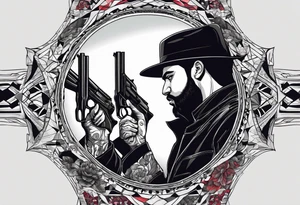 In the reflection of a eye two black siloets of people holding guns one man dead on the ground with a wounded woman standing behind him tattoo idea