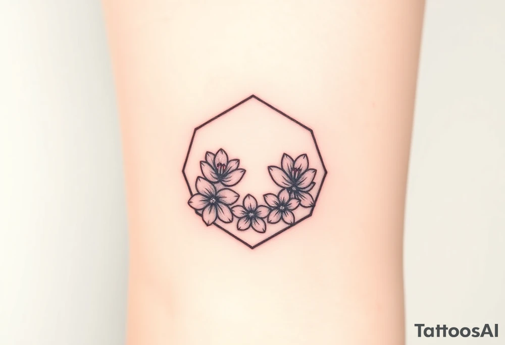 Faint Hexagon with Leo, larkspur and water lilies in the center tattoo idea