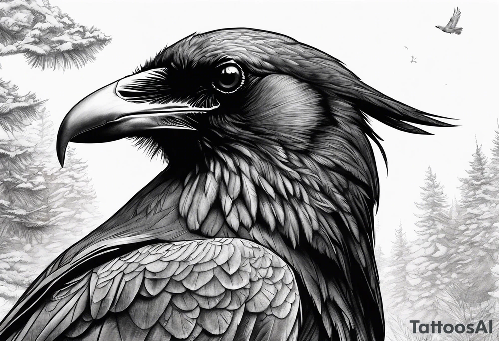 Big raven in nature tattoo idea