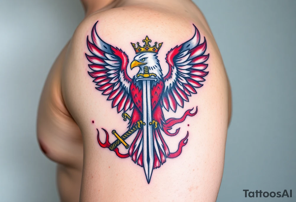 A majestic red and white Moravian eagle with golden crown on its head holding a sword in its talons, surrounded by flames tattoo idea