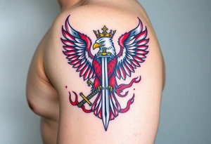 A majestic red and white Moravian eagle with golden crown on its head holding a sword in its talons, surrounded by flames tattoo idea