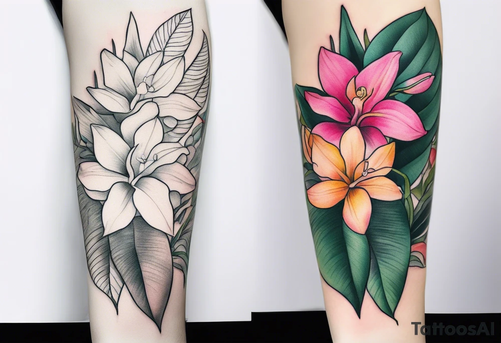 Tropical plants and orchids sleeve tattoo idea