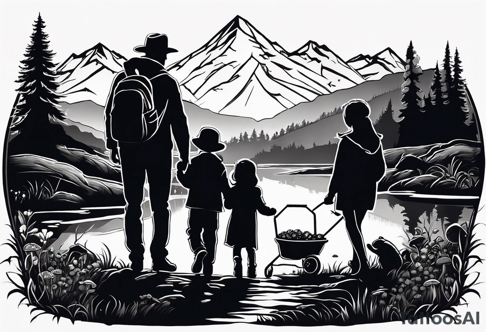 Family silhouette with a father, a mother, older son, older daughter, and small daughter foraging mushrooms with mountains and creek in background tattoo idea