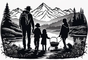 Family silhouette with a father, a mother, older son, older daughter, and small daughter foraging mushrooms with mountains and creek in background tattoo idea