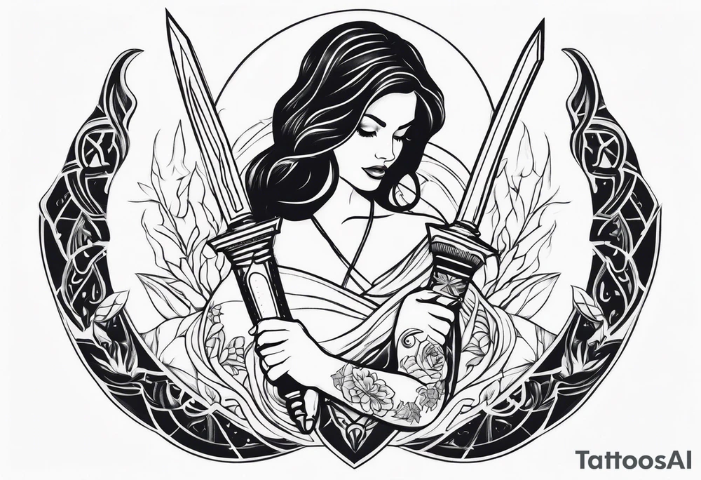 Female holding dagger tattoo idea