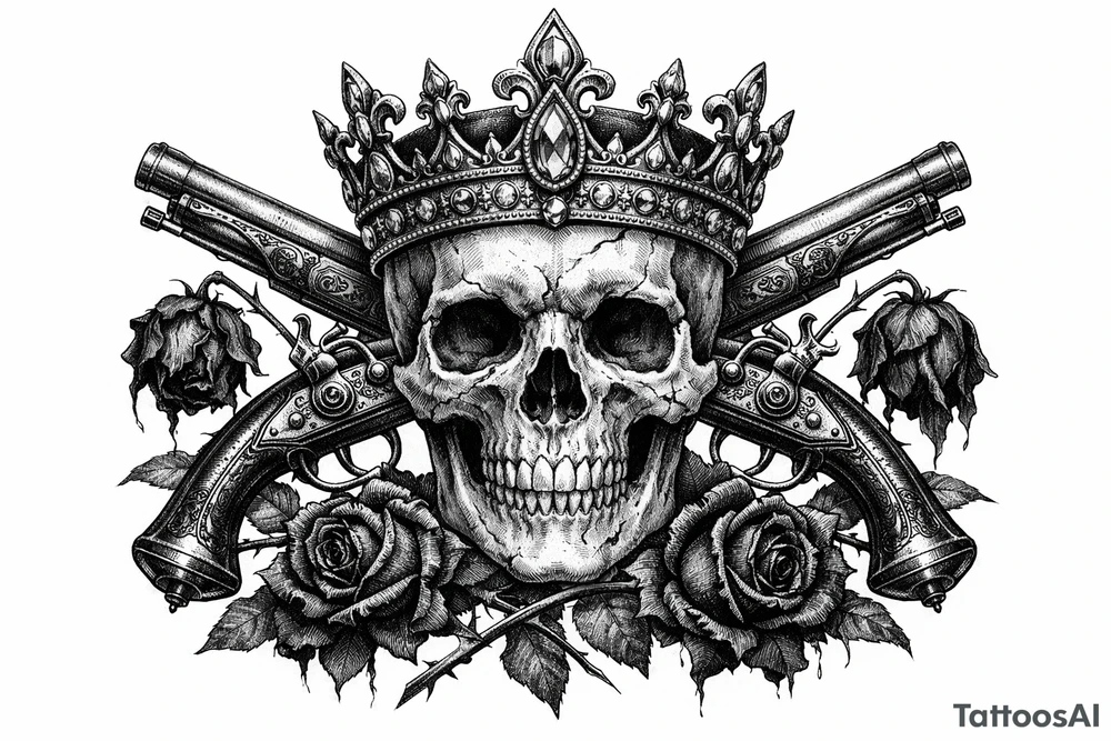 Skull with a jeweled crown, antique flintlock pistols, wilting dark red roses, gothic style. tattoo idea