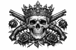 Skull with a jeweled crown, antique flintlock pistols, wilting dark red roses, gothic style. tattoo idea