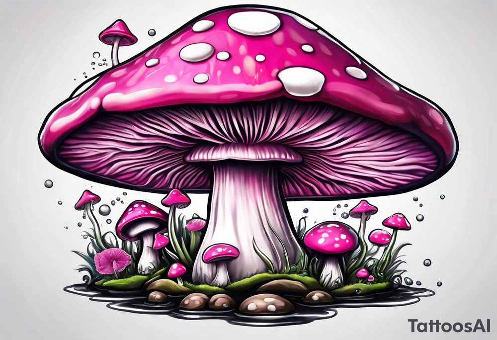 pink and white mushroom with alien fishing tattoo idea