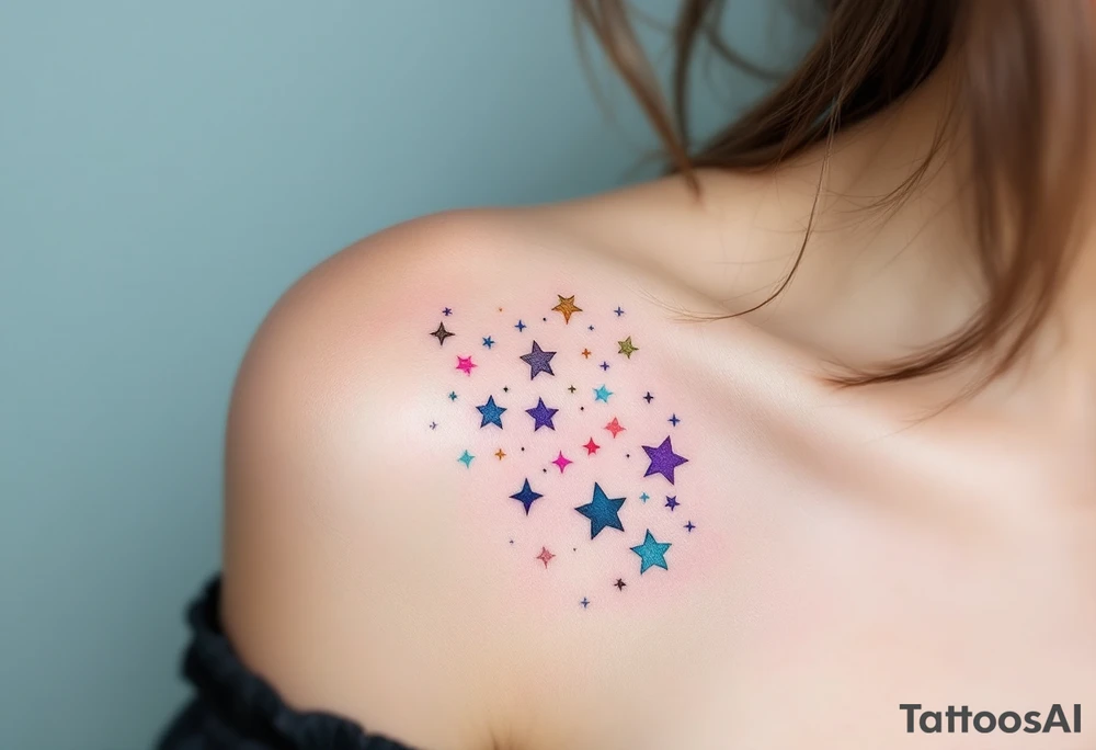 The Libra symbol in jet black floats among multicolored pastel stars marking the constellation. tattoo idea