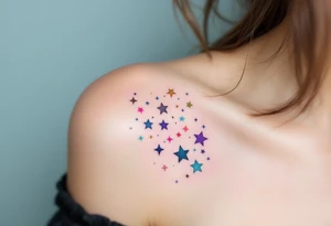 The Libra symbol in jet black floats among multicolored pastel stars marking the constellation. tattoo idea