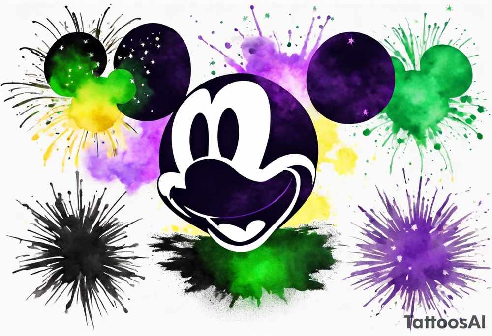 Simple Mickey head in black with watercolor fireworks behind in green purple and yellow. tattoo idea