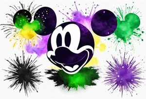 Simple Mickey head in black with watercolor fireworks behind in green purple and yellow. tattoo idea