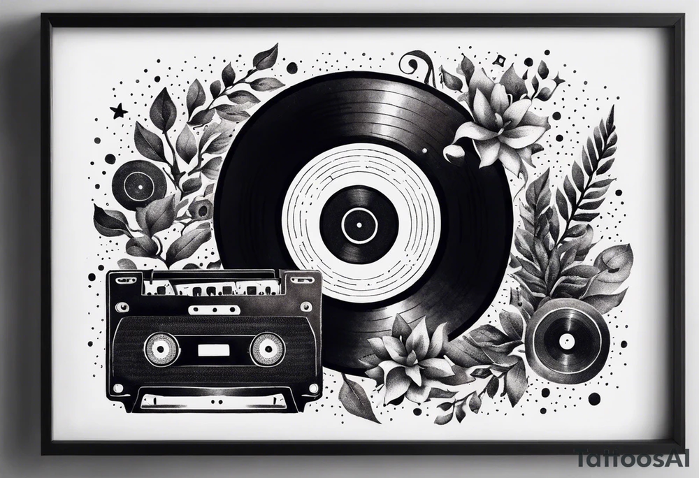 music notes surrounded by a record, a cassette tape, and saxophone parts tattoo idea