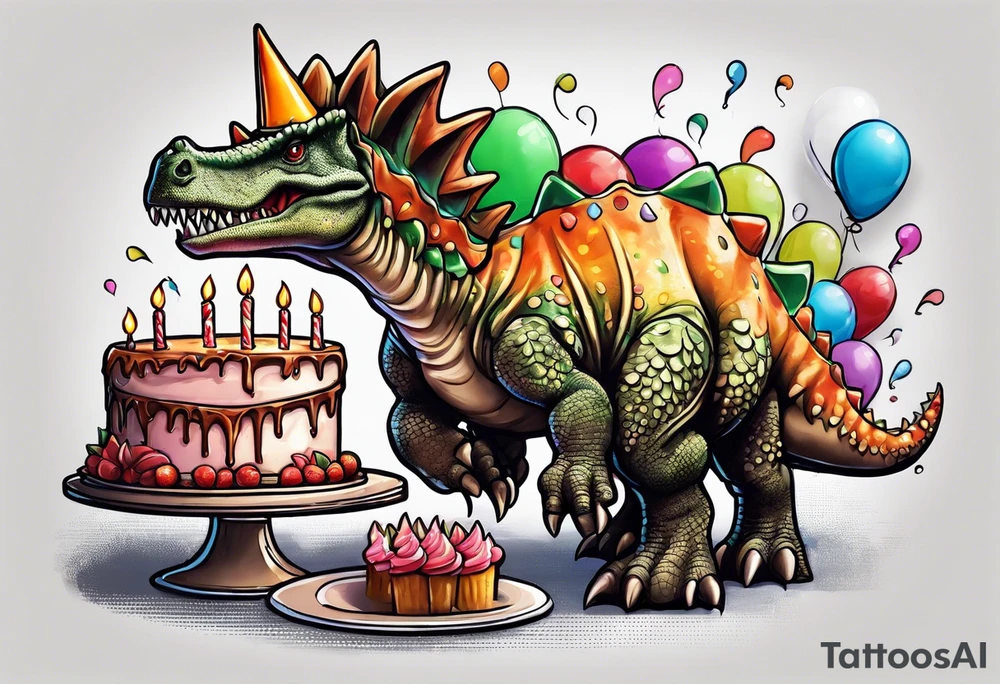 Stegosaurs with a birthday cone hat, eating a piece of cake tattoo idea