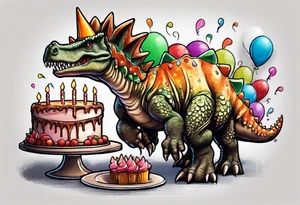 Stegosaurs with a birthday cone hat, eating a piece of cake tattoo idea