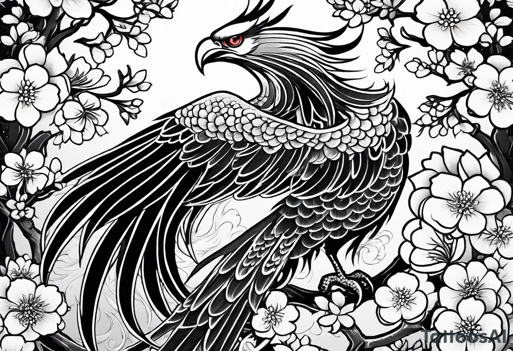 traditional Japanese phoenix and cherry blossoms no background tattoo idea