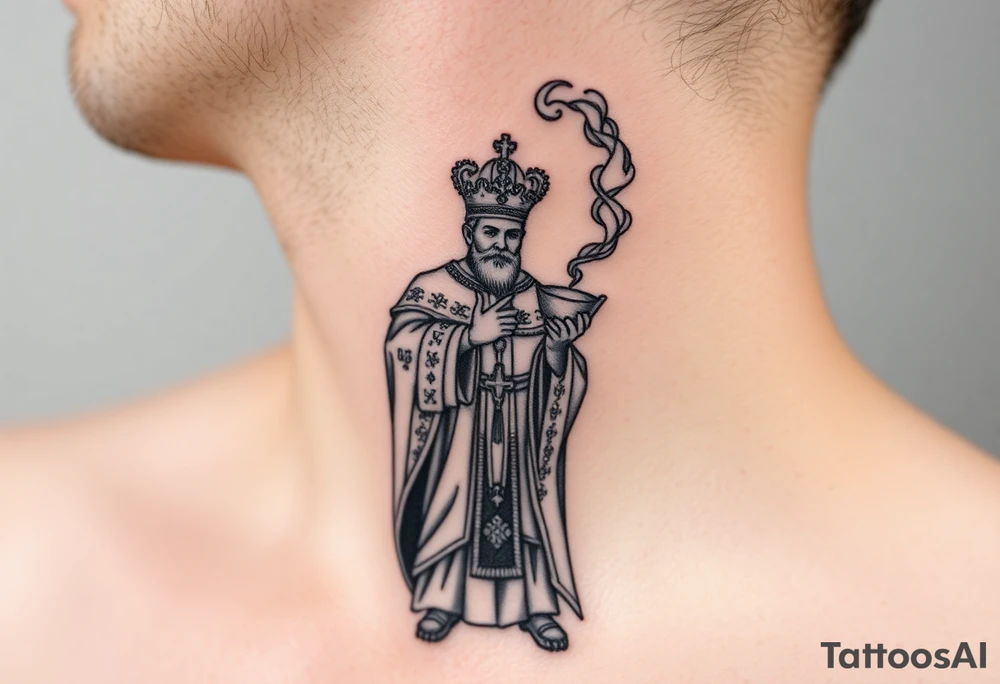 Russian Orthodox Priest in a fully detailed gold vestment swinging a censer with smoke curling upward tattoo idea