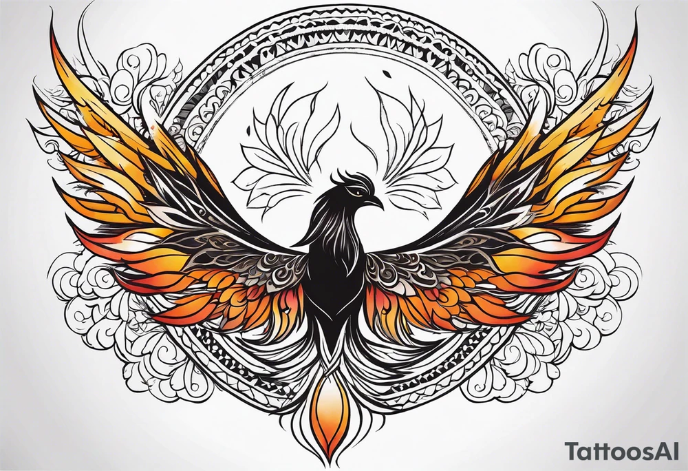 Tribal bohemian feminine impowering Phoenix rising with smoke, mandala sun, floral, lace background tattoo idea