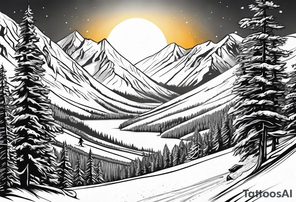 snow skier coming down mountain in distance with large trees and big bright sun with lake at the bottom tattoo idea