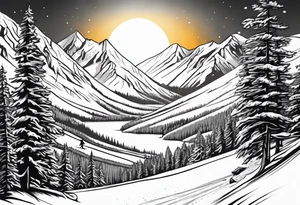snow skier coming down mountain in distance with large trees and big bright sun with lake at the bottom tattoo idea