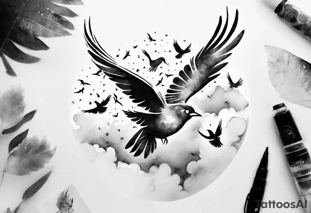 shoulder tattoo with light rays with birds flying free among the clouds, round shape, 3d effect tattoo idea shoulder tattoo with light rays with birds flying free among the clouds, round shape, 3d effect tattoo idea