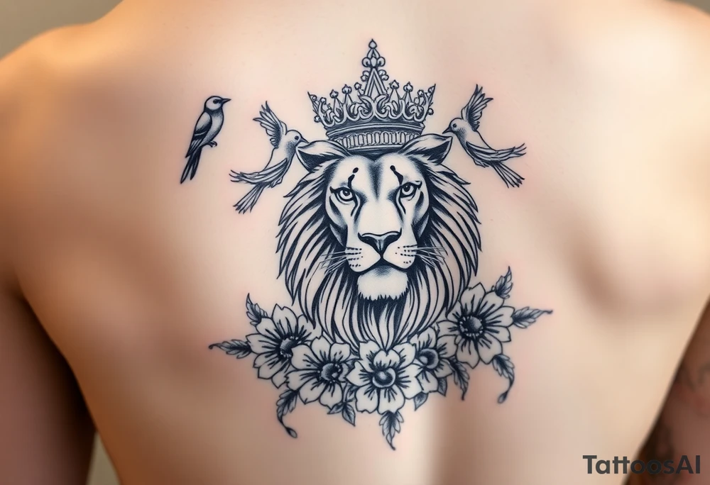 powerful majestic lion with a crown, surrounded by floral ornaments and birds tattoo idea